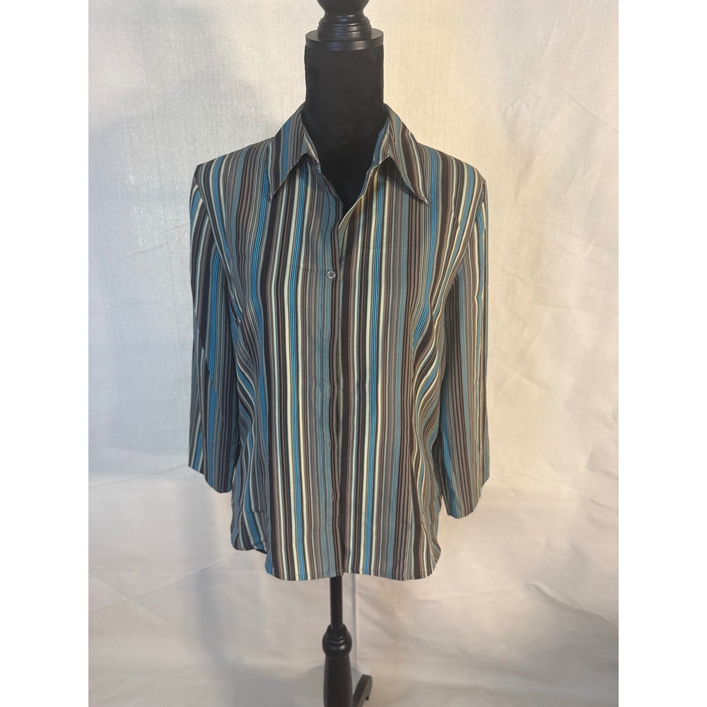 Covington Womens Blue Brown Striped Button Down Shirt 3/4 Sleeve Size L 14-16